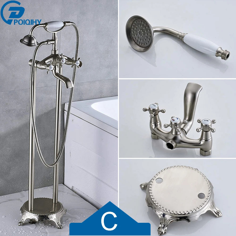 Antique Brass Floor Mounted Bathtub Shower Faucet Dual