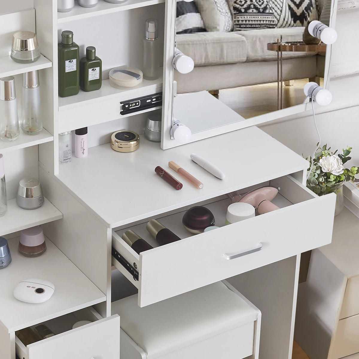 Led Vanity Table Sliding Mirror White Makeup Desk