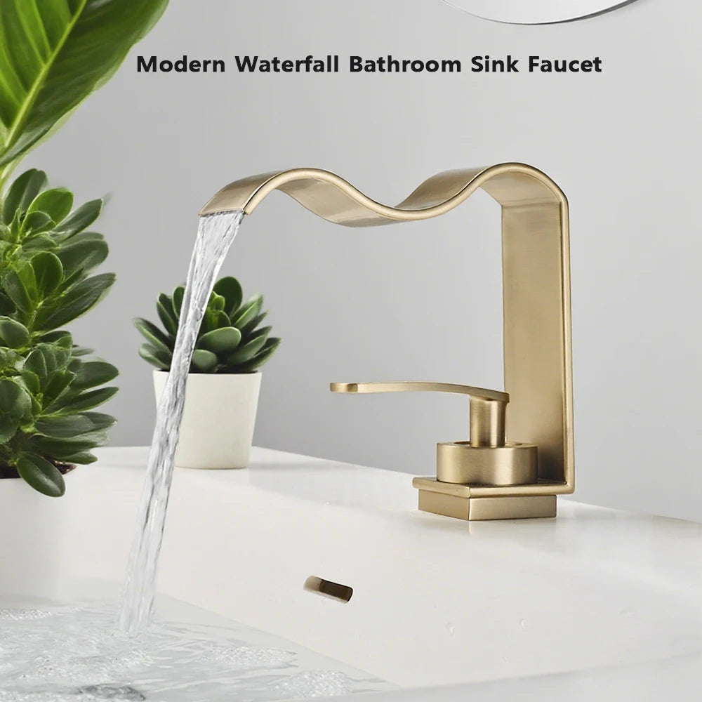 Luxury Brushed Gold Bathroom Sink Faucet Deck Mounted
