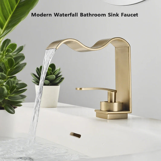 Luxury Brushed Gold Bathroom Sink Faucet Deck Mounted