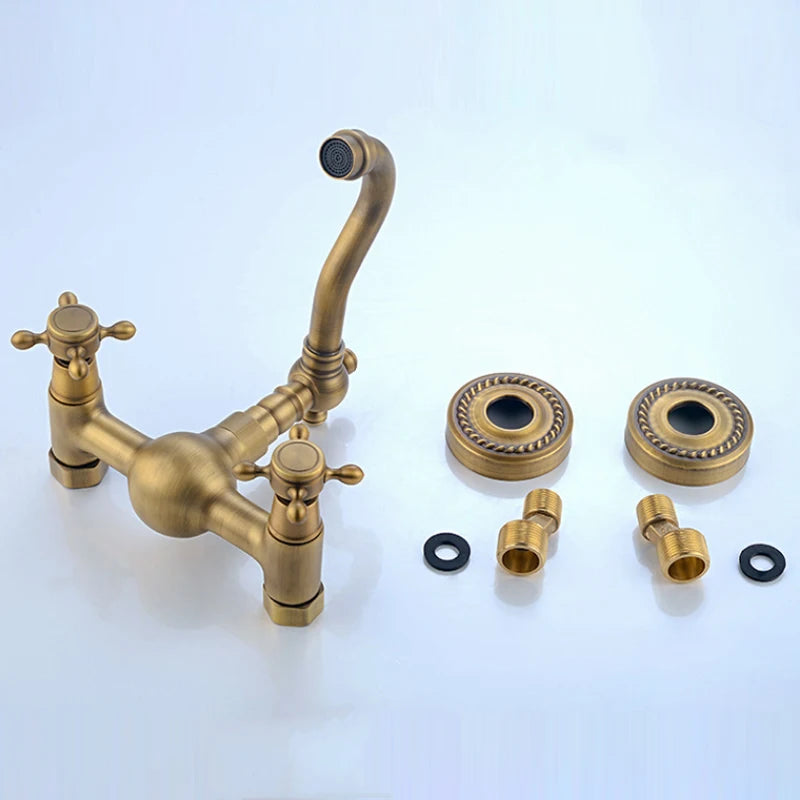 Antique Brass Wall Mounted Bathroom Sink Faucet 360