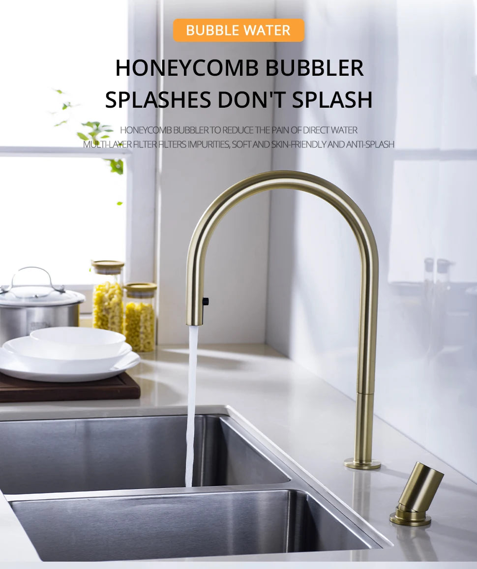 Brushed Gold Faucet Invisible Pull Out Spray Mixer