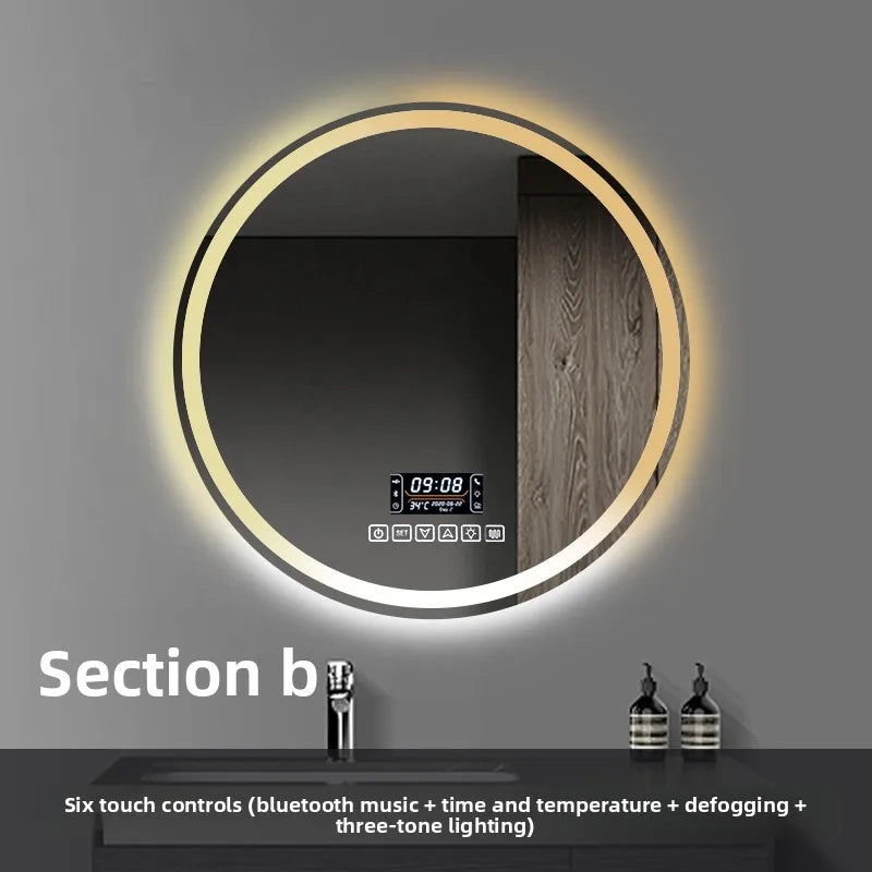Round Smart Bathroom Mirror Wall-Mounted Led Light Touch