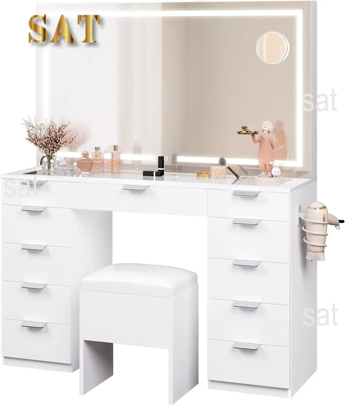 Large Led Mirror Glass Top Makeup Vanity Desk