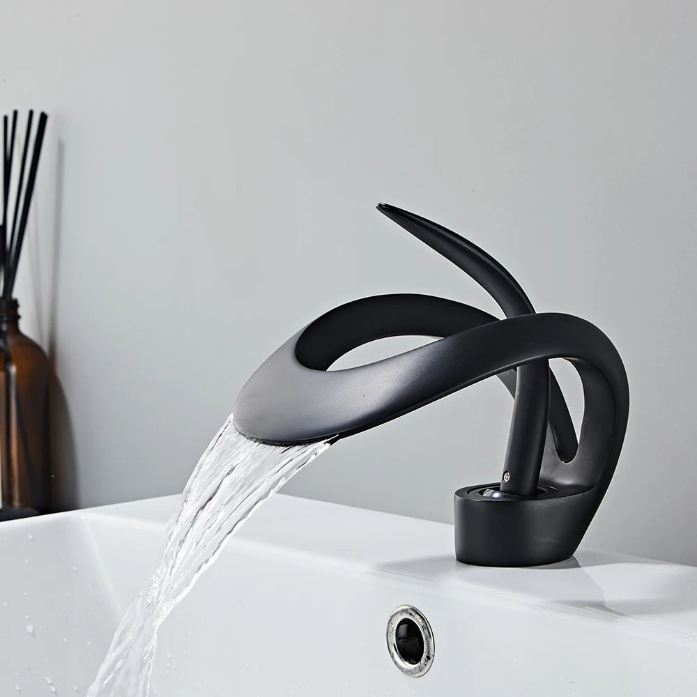 Black Bathroom Basin Taps Handle Waterfall Faucet Solid