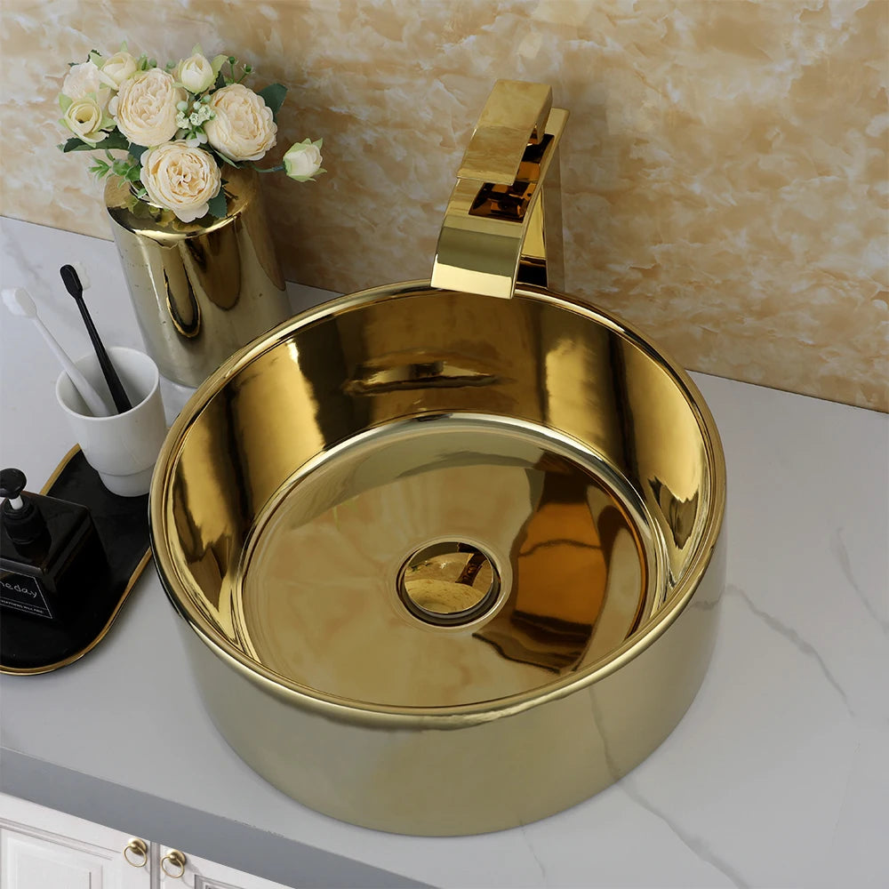 Kemaidi 14 Gold Round Vessel Sink Faucet Ceramic