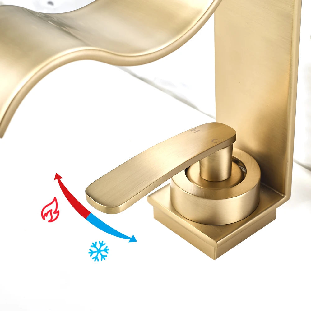 Luxury Brushed Gold Bathroom Sink Faucet Deck Mounted