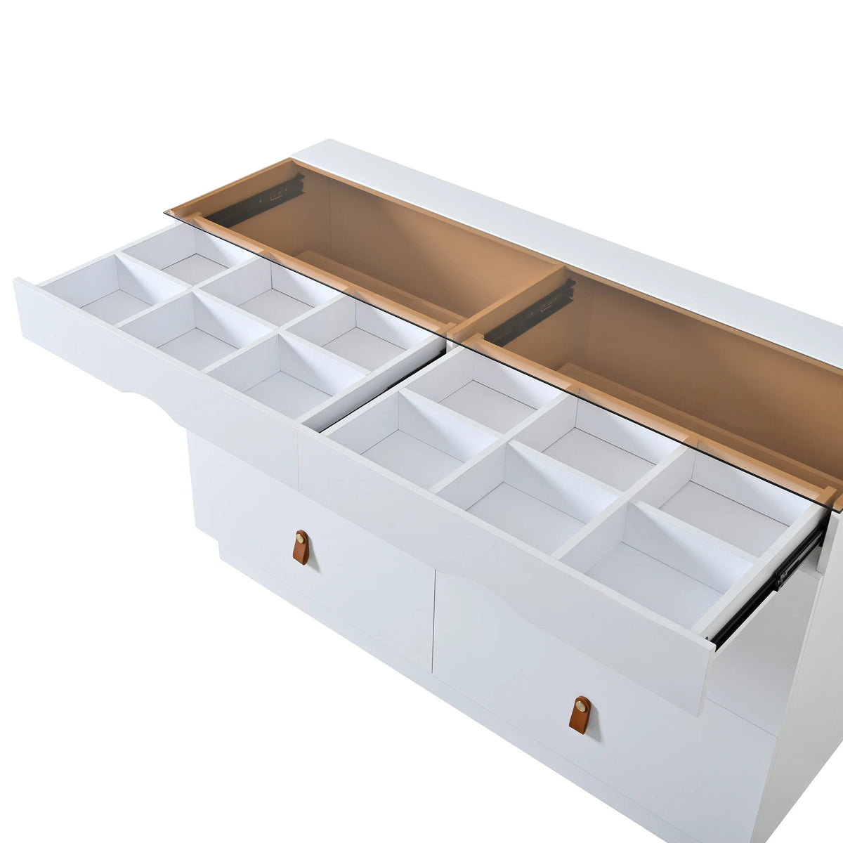 6-Drawer White Sliding Glass Sideboard Makeup Vanity Cabinet