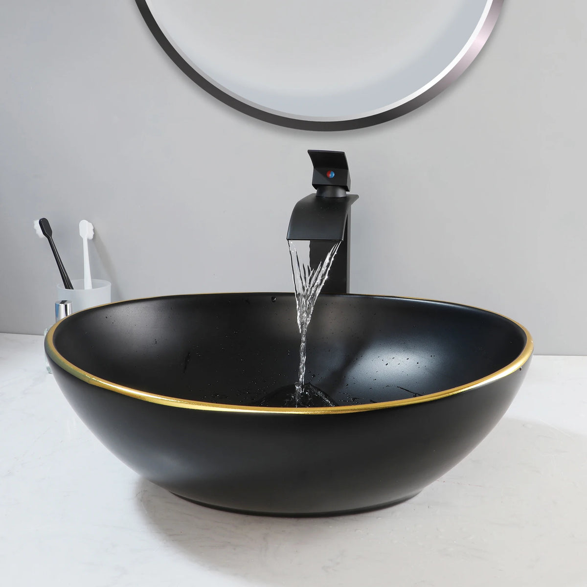 Kemaidi Oval Vessel Sink Faucet White Marbling Bathroom