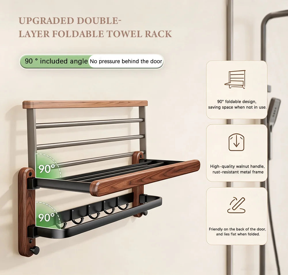 Walnut Wood Bathroom Wall Mounted Towel Rack Shelf