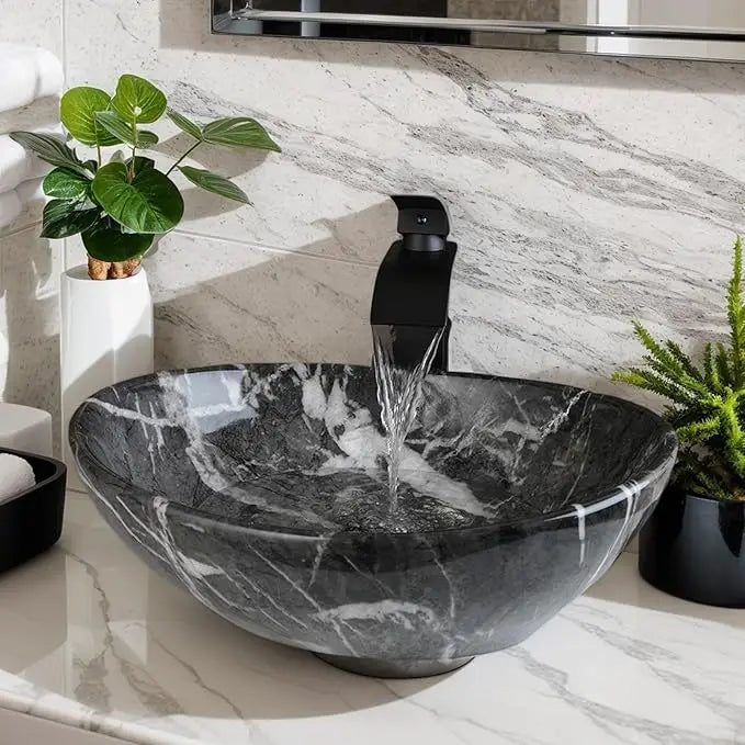 Kemaidi Oval Vessel Sink Faucet White Marbling Bathroom