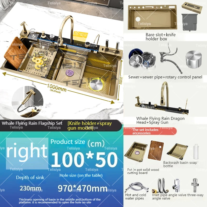 Stainless Steel Sink Digital Display Waterfall Large Slot