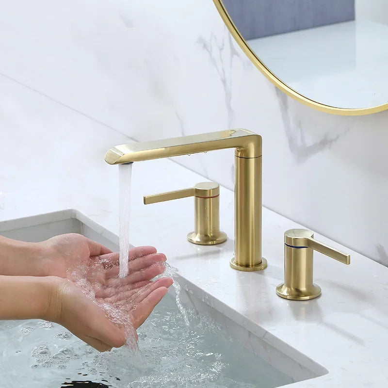 Brushed Gold Bathroom Widespread Basin Faucets Soild Brass