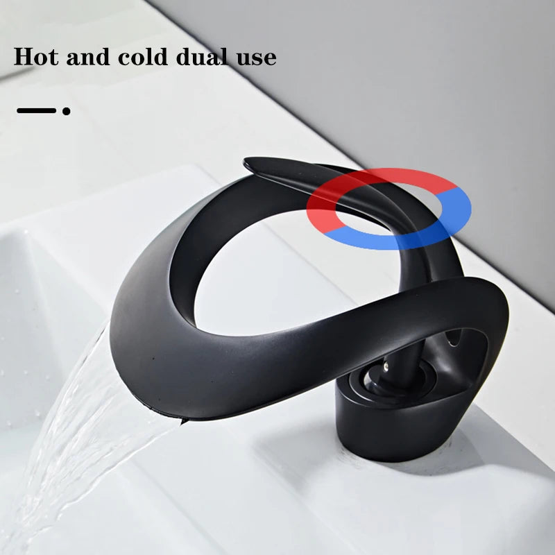 Black Bathroom Basin Taps Handle Waterfall Faucet Solid