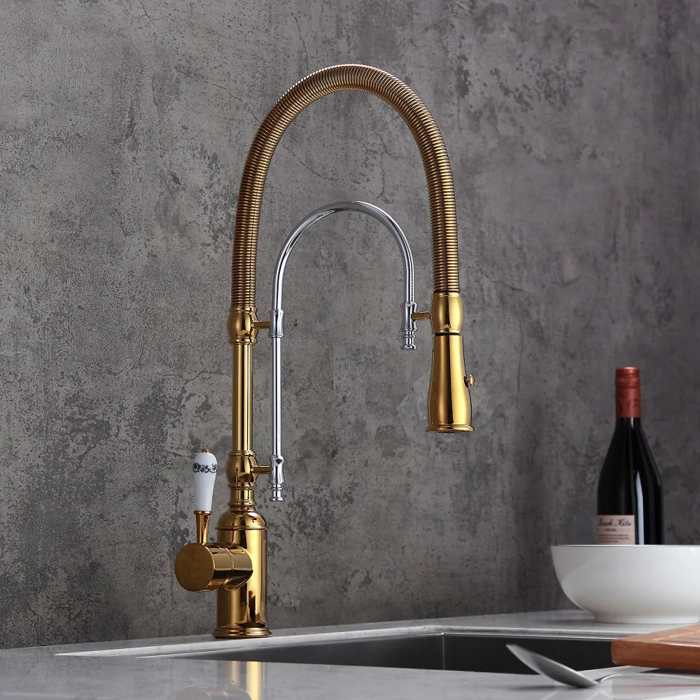 Brushed Gold Pull Out Faucet Sink Mixer 360