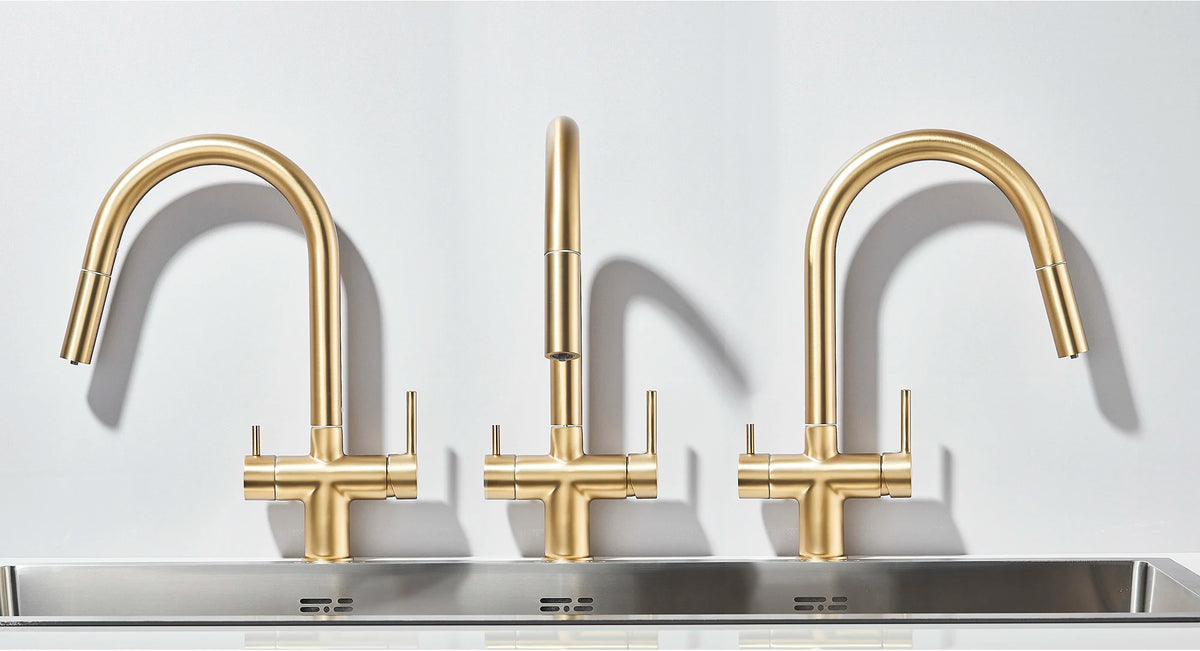 Brushed Gold Water Filter Faucet Dual Spout Pure