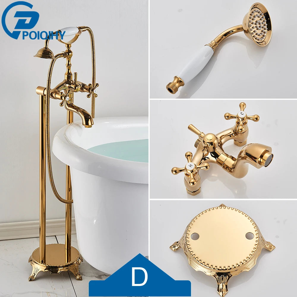 Antique Brass Floor Mounted Bathtub Shower Faucet Dual