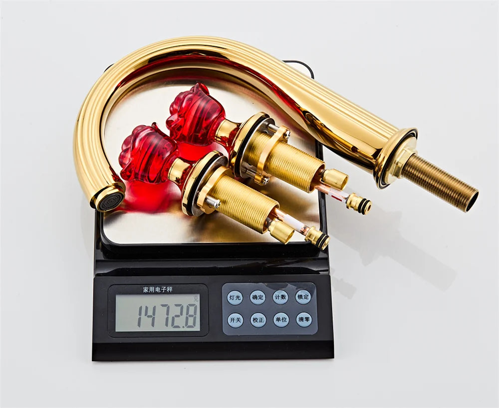 Gold Red Rose Basin Faucet Widespread Sink Tap