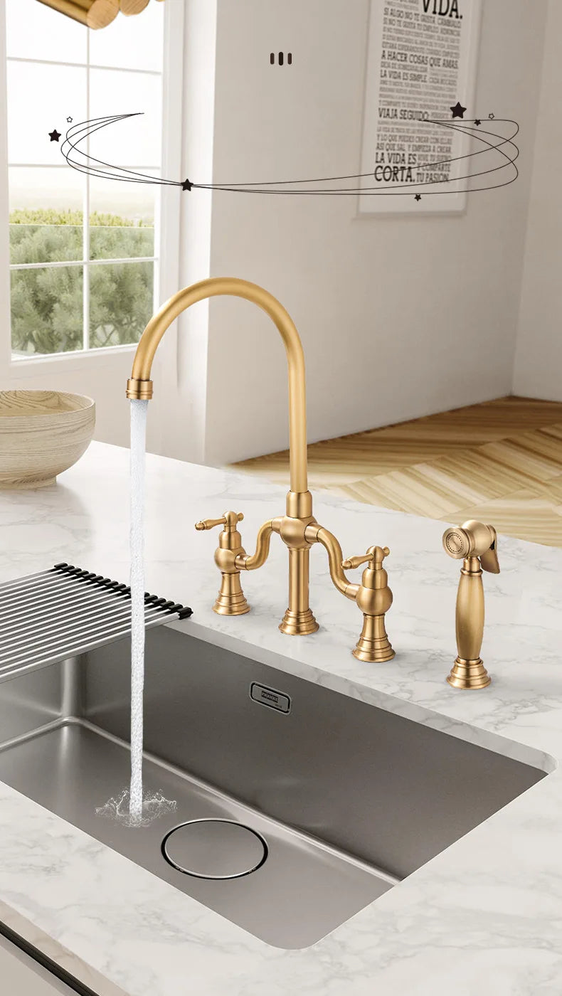 Vintage Bridge Antique Faucet Basin Solid Brass Double-Handle