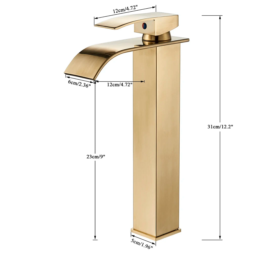 Brushed Golden Basin Faucets Elegant Waterfall Bathroom Sink