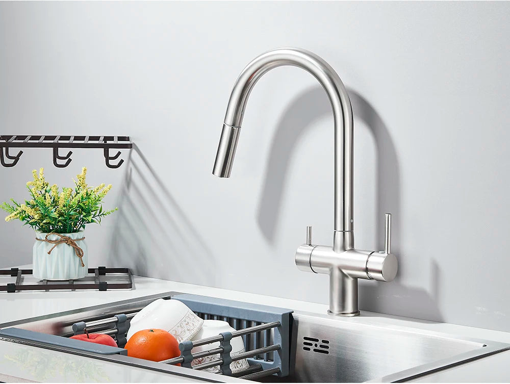 Brushed Gold Water Filter Faucet Dual Spout Pure