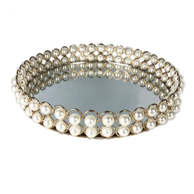 European Pearl-Edged Glass Tray Ornaments Cosmetic Mirror Storage