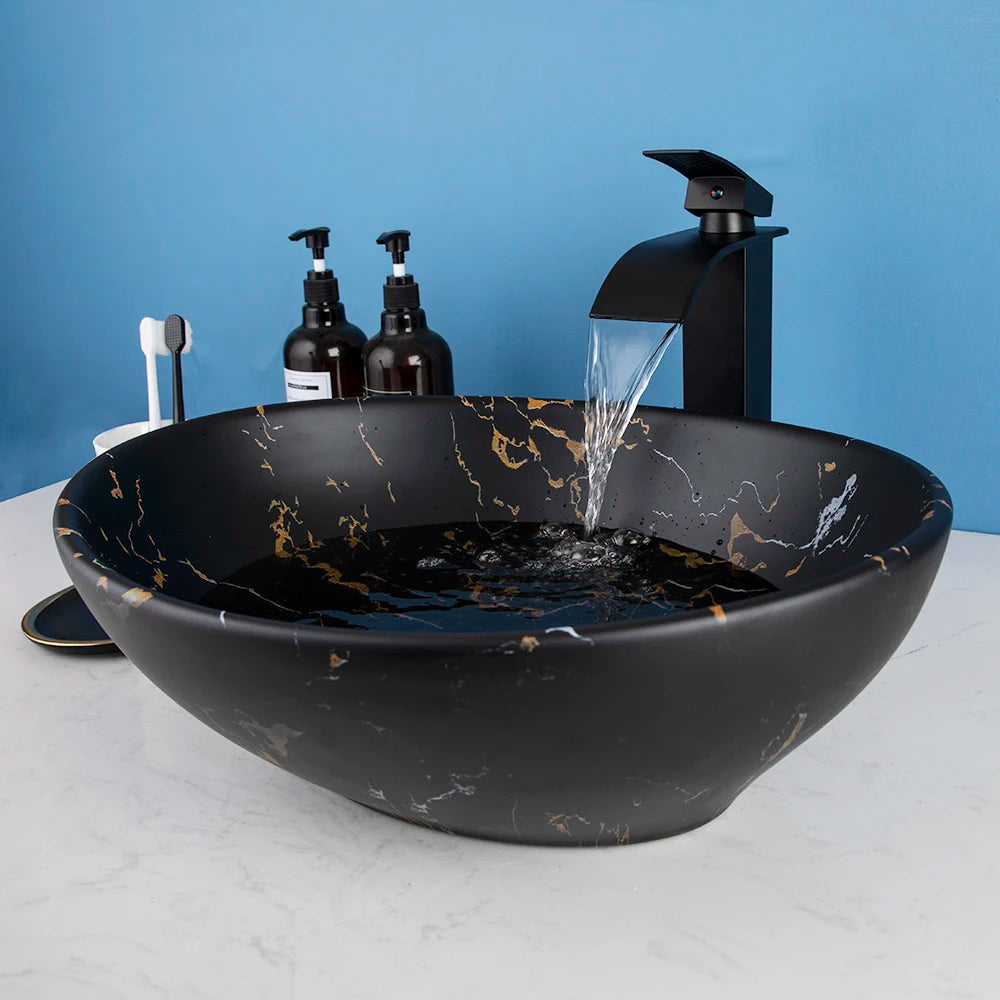 Kemaidi Oval Vessel Sink Faucet White Marbling Bathroom