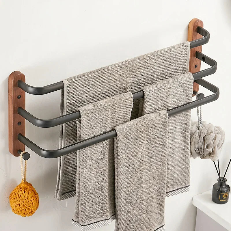 Walnut Wood Black Bathroom Hardware Bathroom Towel Rack