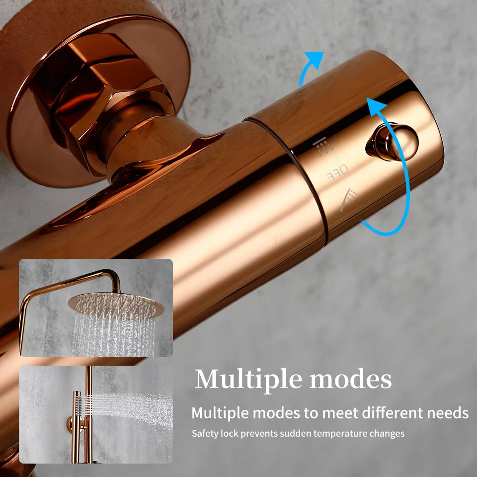 Rose Gold Thermostatic Shower Falcet Sets Wall Mount