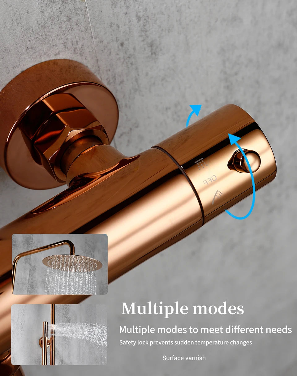 Rose Gold Thermostatic Shower Falcet Sets Wall Mount
