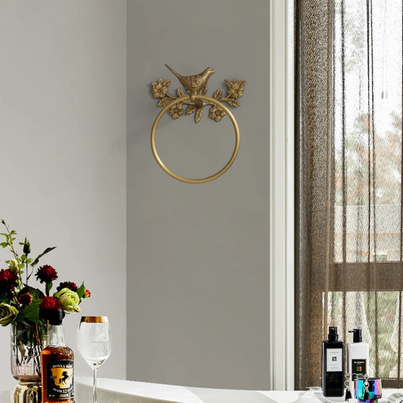 Retro Brass Bird Towel Ring Storage Rack Perforation-Free