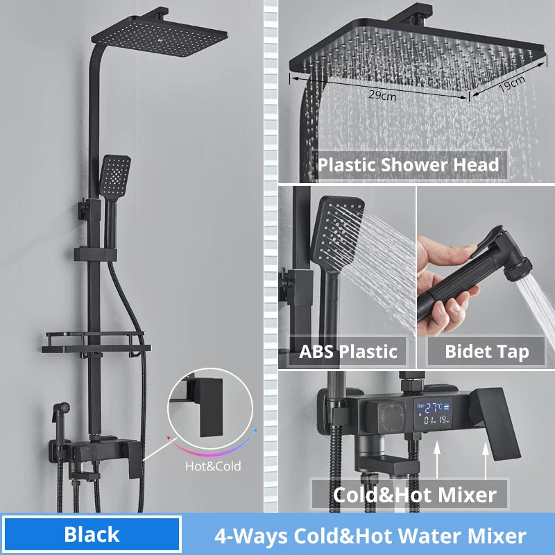 Bath Thermostatic Digital Display Shower Faucet Rain Shower