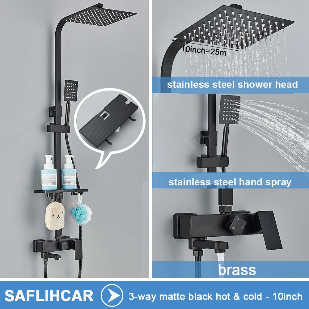 Black/Chrome Brass Shower Faucets Rainfall Shower Shelf Cold