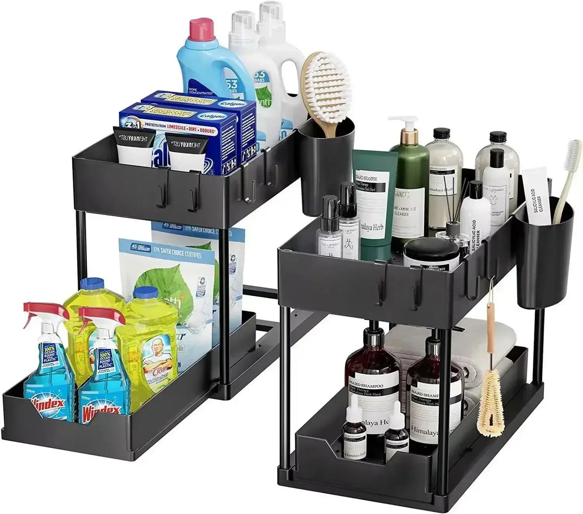 Tier Under Sink Organizer Sliding Storage Rack Hooks