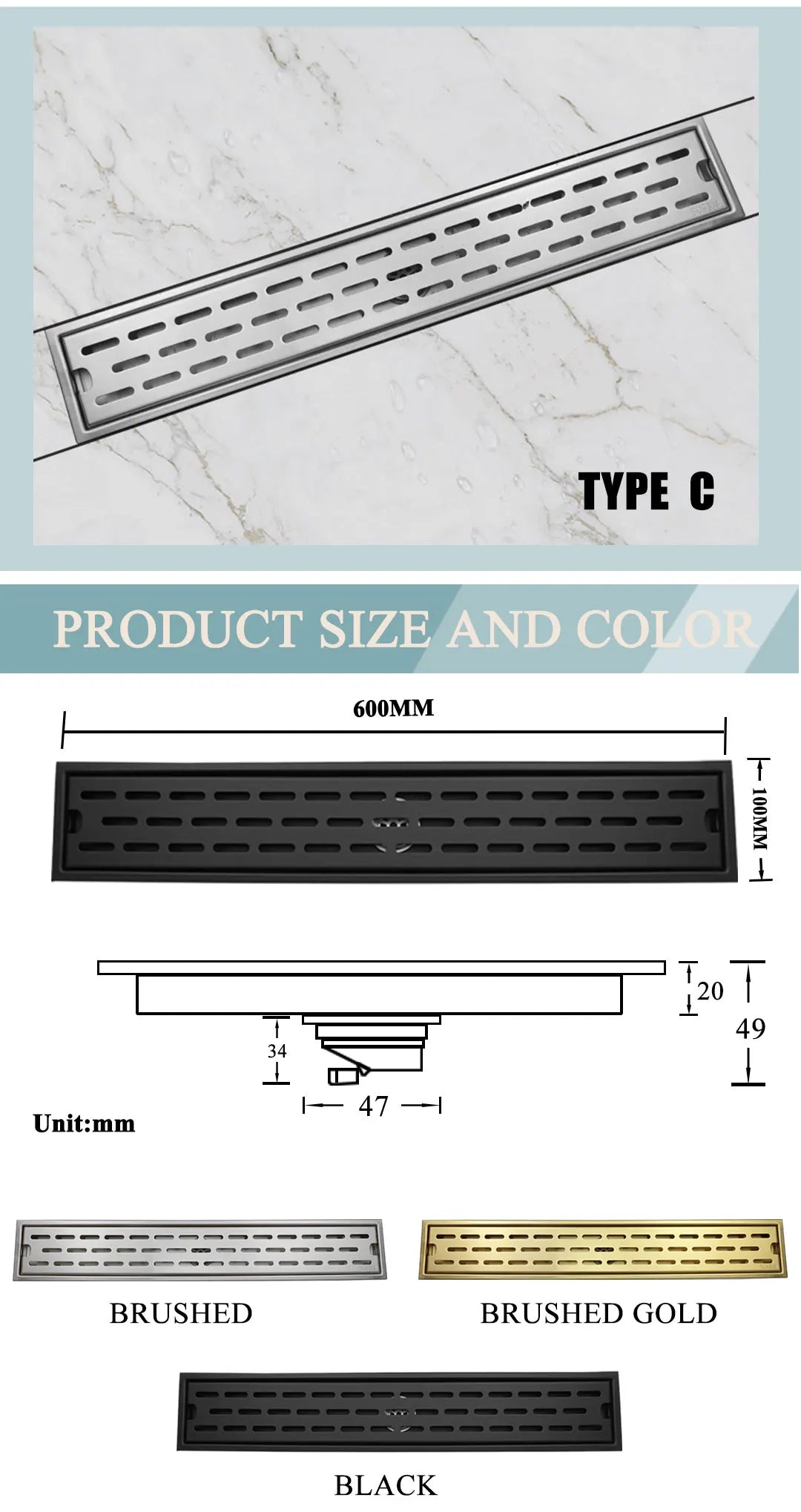 304 Stainless Steel Bathroom Drain Brushed Rose Gold