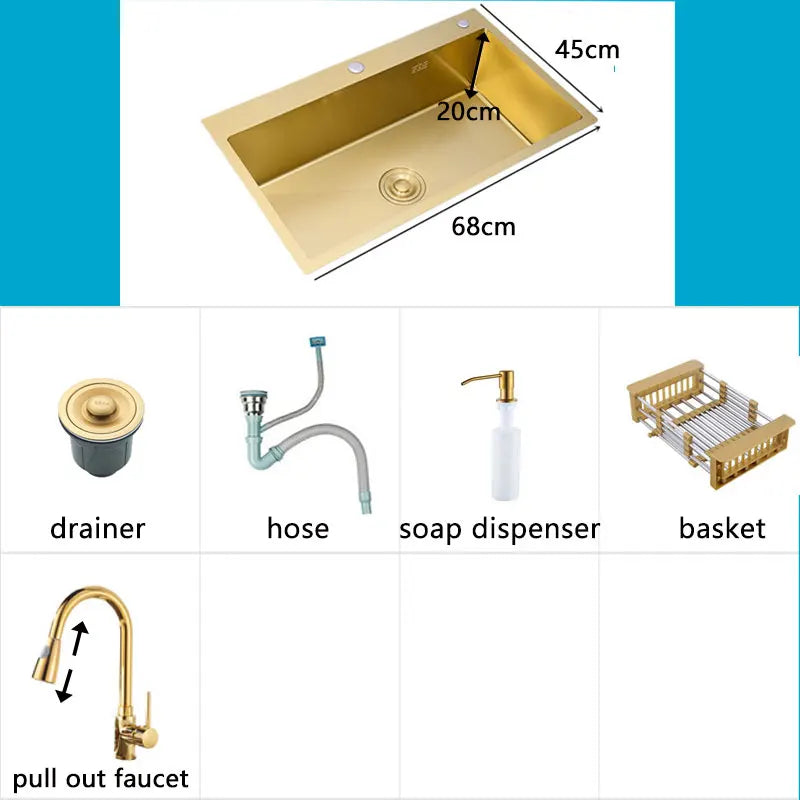 Gold Kitchens Sink Nano Handmade 304 Stainless Steel