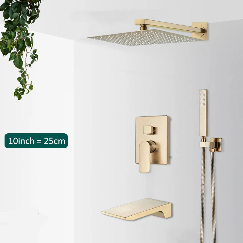 Quyanre Brushed Gold Shower Faucets Bathroom Wall Mounted