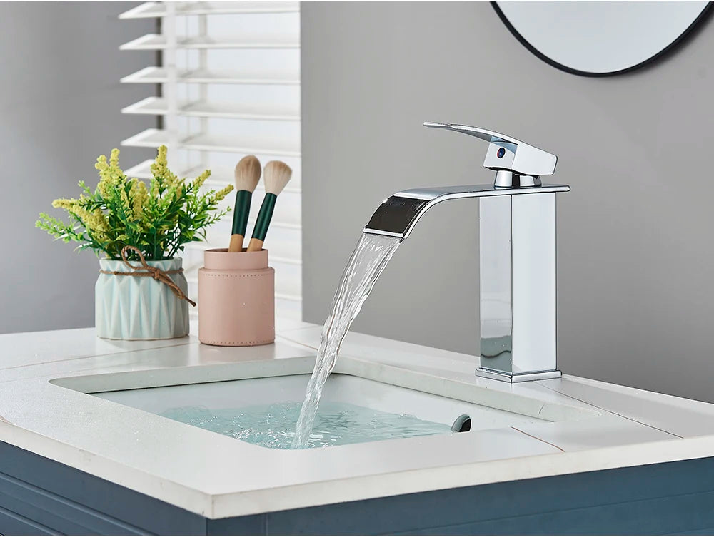 Brushed Golden Basin Faucets Elegant Waterfall Bathroom Sink