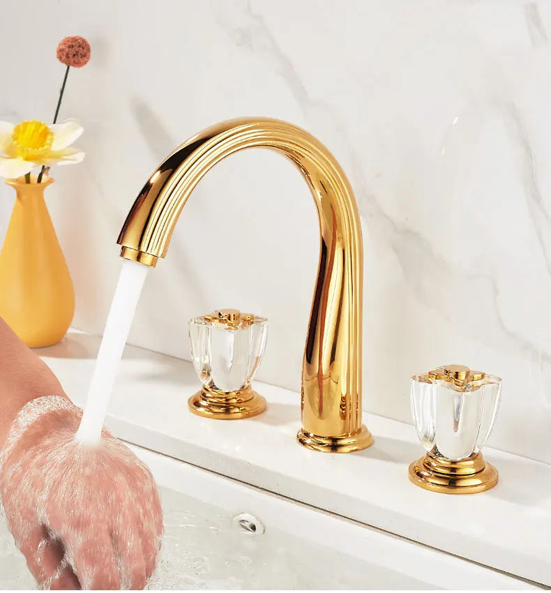 French Brass Bathroom Gold Three-Hole Basin Faucet Cold