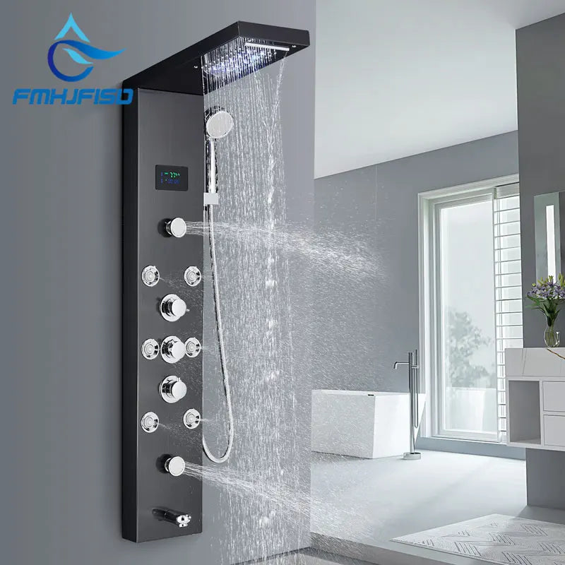 Led Shower Panel Waterfall Rain Temperature Digital Display