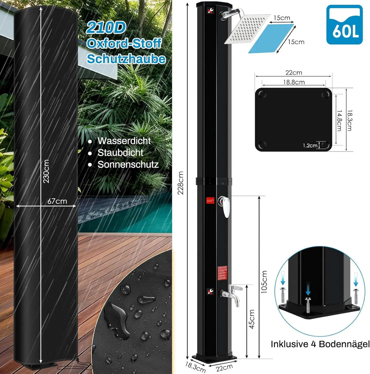 35l/40l/60l Solar Shower Column Panel Garden Beach Waterproof