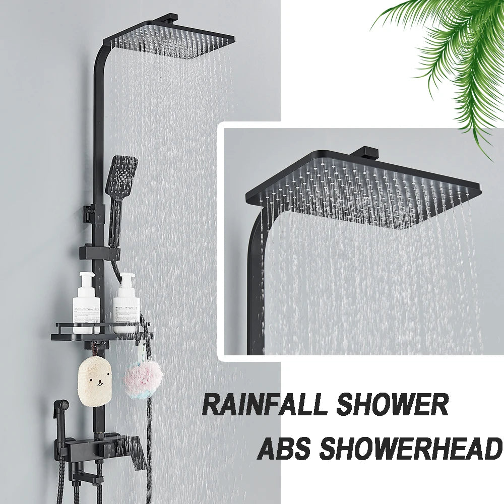 Black Brass Shower Faucet Rainfall Bathtub Tap Bathroom