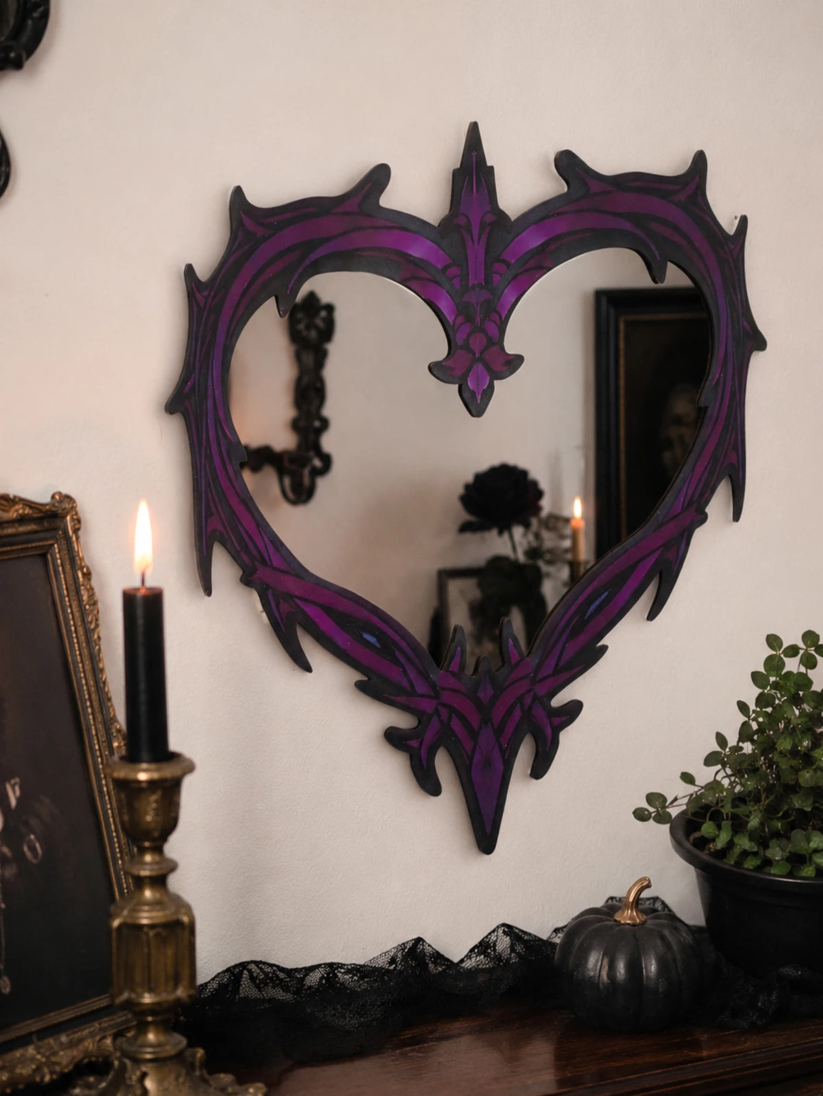Purple Gothic Barbed Wire Heart Wall Mirror Witchy