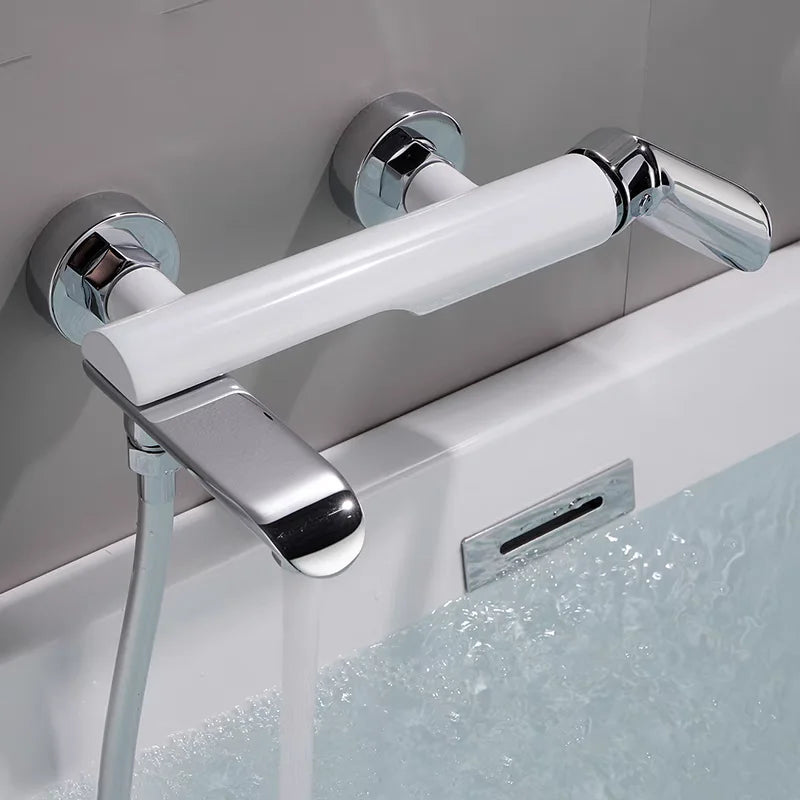 Brass Wall-Mounted Shower Faucet Handle Tap White Chrome