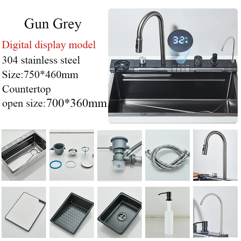 Grey Stainless Steel Waterfall Sink Large Slot Integrated