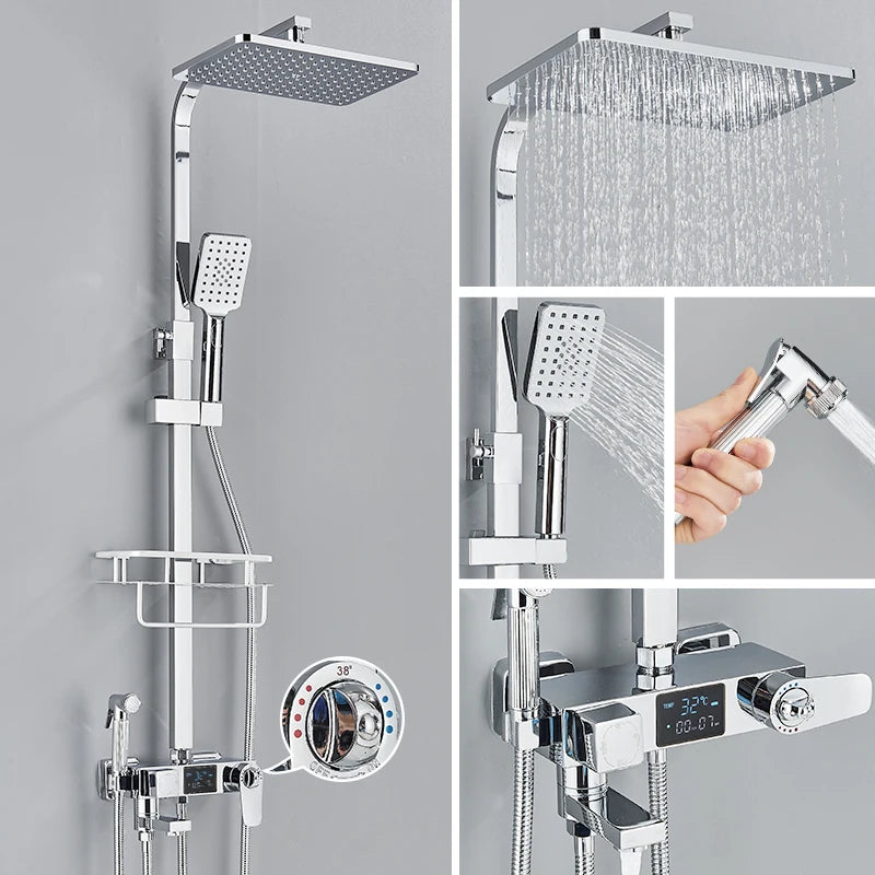 Black Digital Display Thermostatic Shower Faucets Rainfall Shower