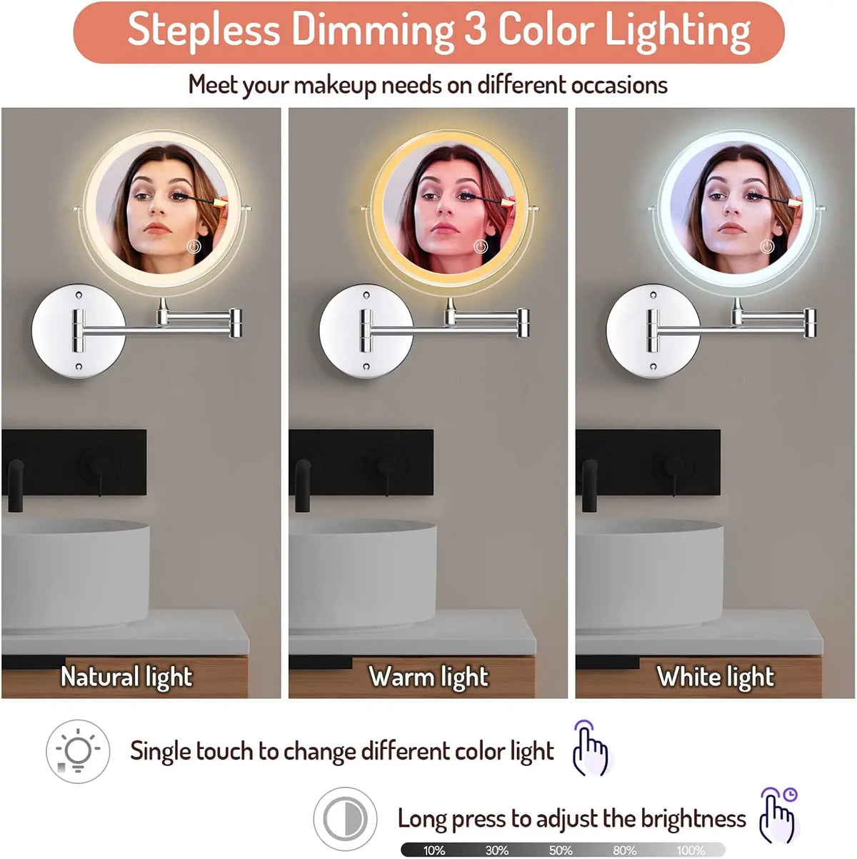 Touch Led Folding Bathroom Mirrors Double Face 5x