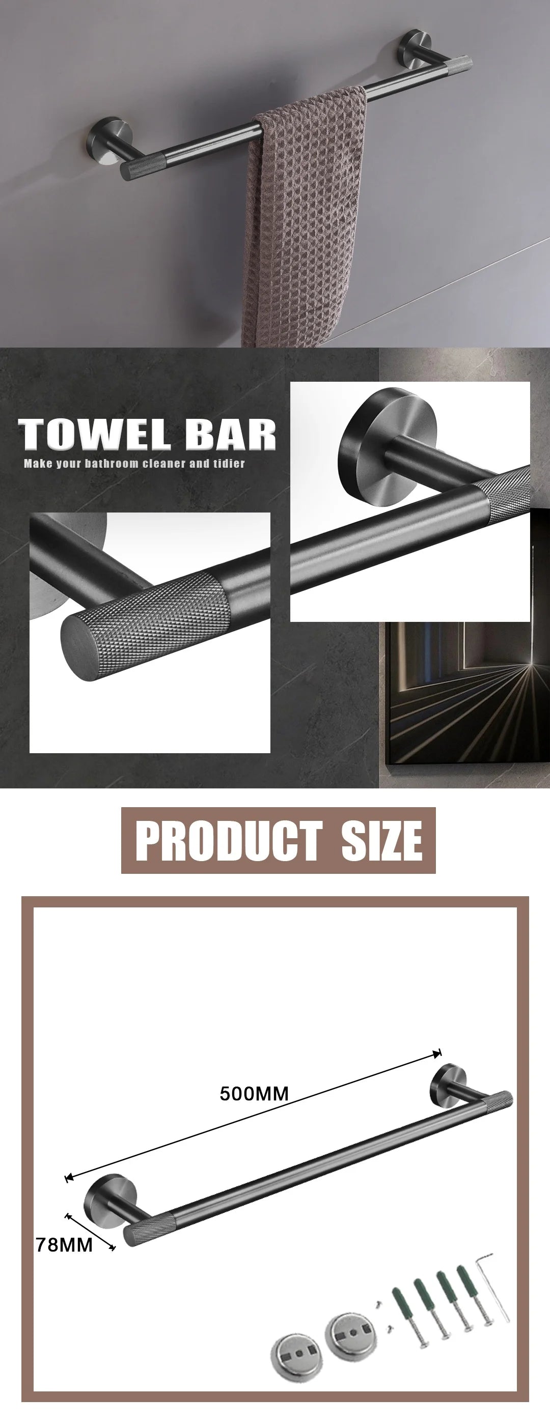 Grey Bathroom Hardware Kit Stainless Steel Round Wall