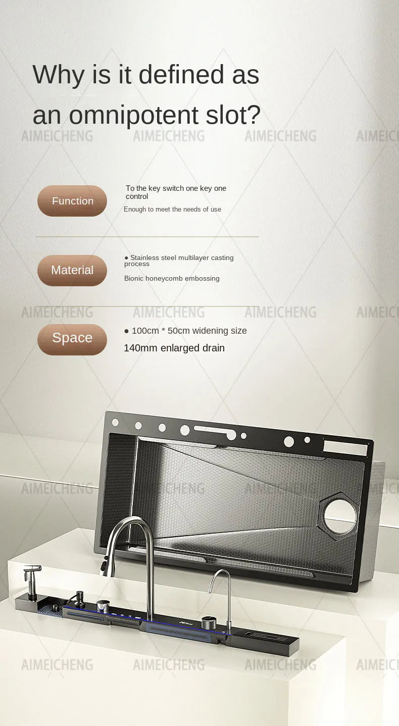 Stainless Steel Waterfall Sink Embossed Large Slot Vegetable