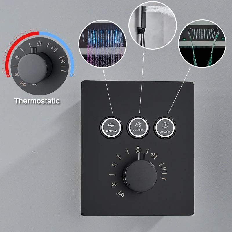 Shinesia Black Thermostat Rainfall Concealed Shower Led Hidden